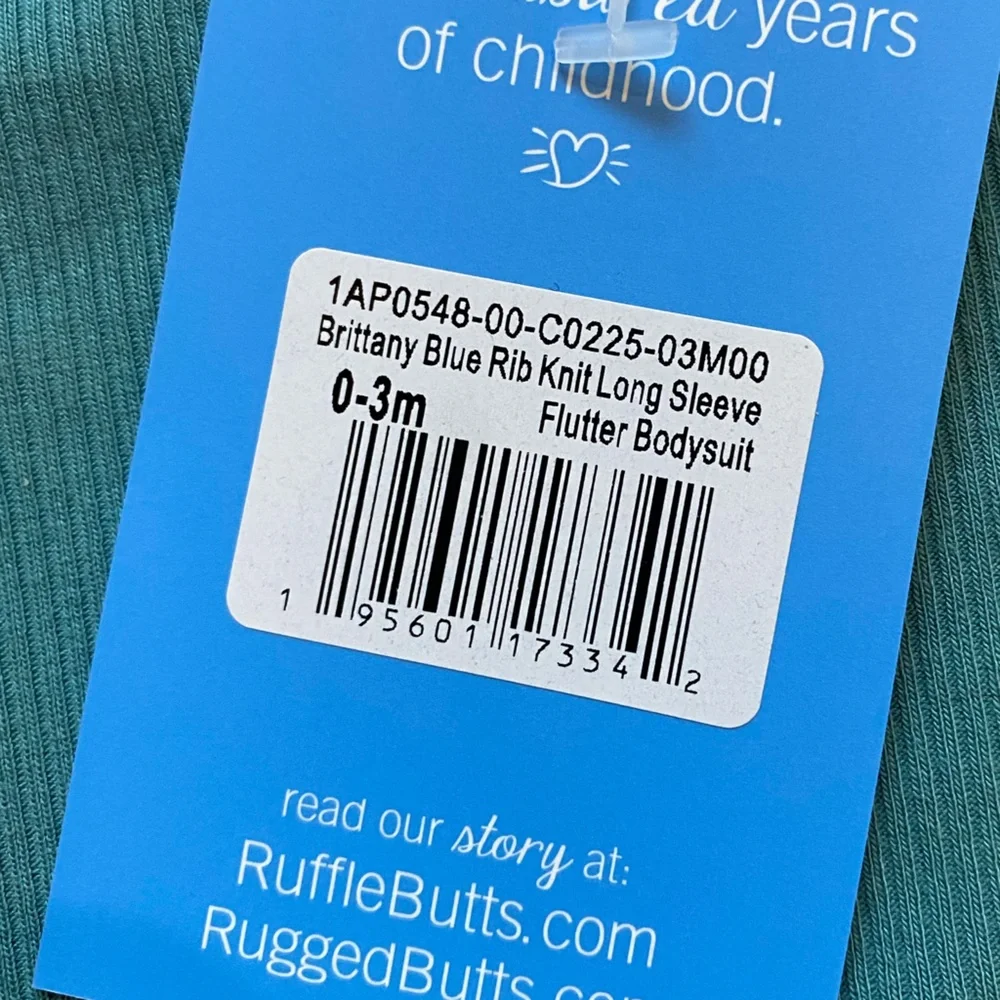NWT RuffleButts Brittany Blue Rib Knit Long Sleeve Flutter Ruffle Bodysuit, 0-3M